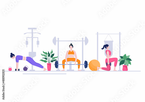 Workout Gym People Exercising Lifting Dumbbells and Weight, Jogging on Treadmill, Sport, Wellness or Fitness in Flat Poster Background illustration