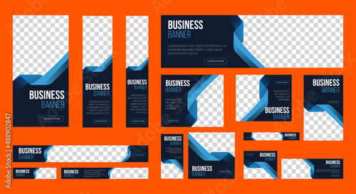 Business Web banner ad set template. Black and blue. Editable shapes. vertical, horizontal, square with standard size website ad. 