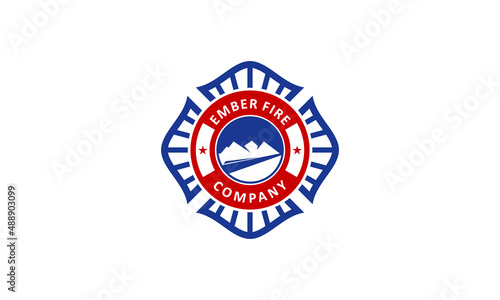 vector graphic illustration logo design for combination firefighter and mountain with emblem badge style