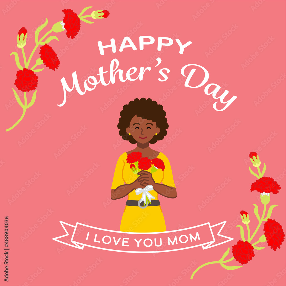 Smiling African mother and carnation flowers- Mother's day template design square ratio Smiling African mother and carnation flowers- Mother's day template design square ratio
