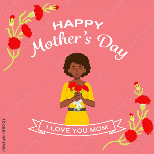 Smiling African mother and carnation flowers- Mother's day template design square ratio