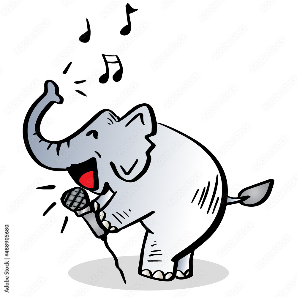Fototapeta premium Cartoon happy elephant sings in karaoke. Animal cartoon character.