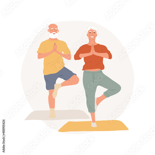 Yoga for elderly people abstract concept vector illustration. Senior people doing yoga together, practicing meditation, gentle fitness, healthy lifestyle, physical activity abstract metaphor.