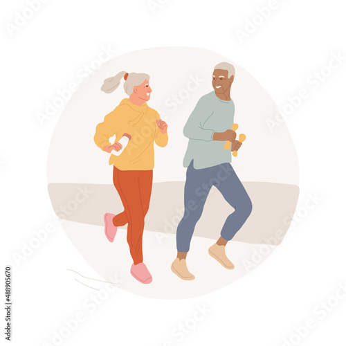 Cardio and strength workout abstract concept vector illustration. Aged couple having cardio training together, strength workout for seniors, family active lifestyle abstract metaphor.