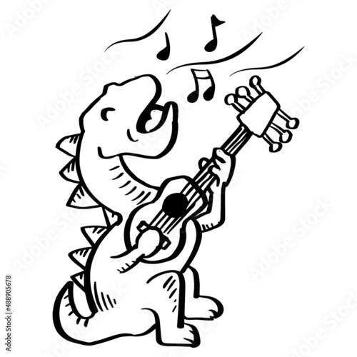 Cartoon Dinosaur sings with guitar. Animal cartoon character.