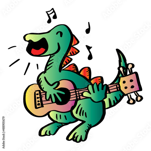 Cartoon Dinosaur sings with guitar. Animal cartoon character.