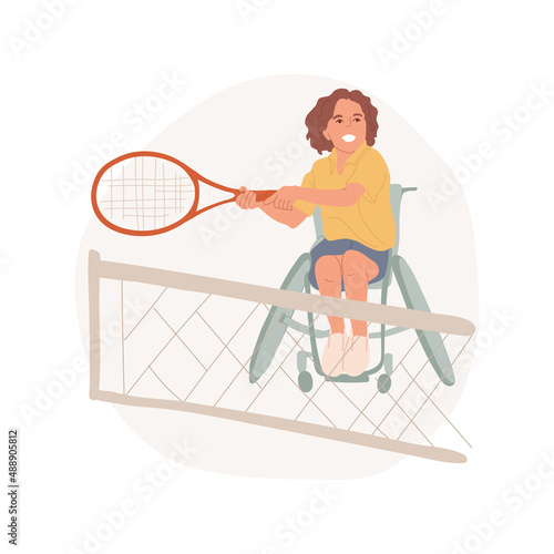 Tennis abstract concept vector illustration. Sporty kid in a wheelchair with a racket on the tennis court, disabled people lifestyle, physical activity, social problem abstract metaphor.