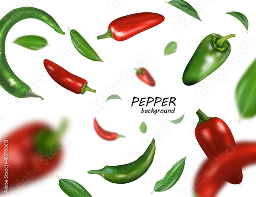Many red and green chili peppers free falling on white background. Realistic vector, 3d illustration