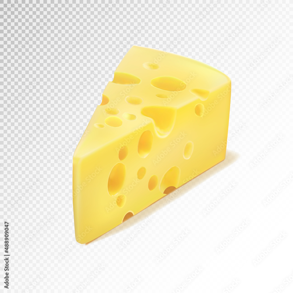 Triangular piece of cheese, cheese icon 3d, cheese realistic food, Vector illustration on transparent background