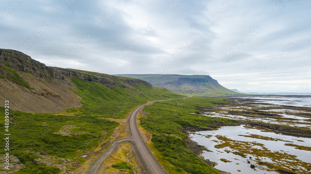 Summertime Aerial view of landscape on the road in Iceland, west fjords in Iceland