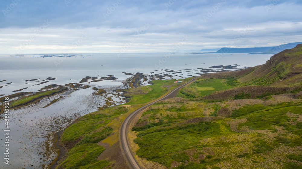 Summertime Aerial view of landscape on the road in Iceland, west fjords in Iceland Summertime Aerial view of landscape on the road in Iceland, west fjords in Iceland