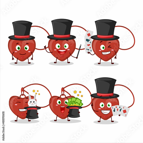 A red heart necklace Magician cartoon character perform on a stage