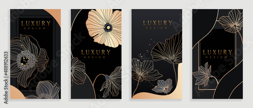 Luxury magnolia hand drawn pattern on black cover design template. Elegant background with magnolia flowers design in gold line art. For social media post, internet, packaging, covers, and prints.