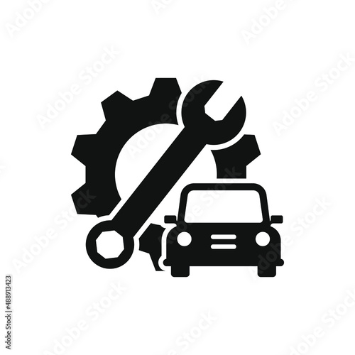 Car with gear and wrench, mechanic, automotive repair icon flat style isolated on white background. Vector illustration