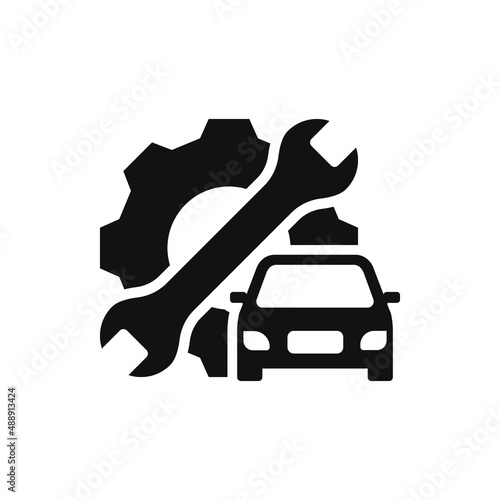 Car with gear and wrench, mechanic, automotive repair icon flat style isolated on white background. Vector illustration