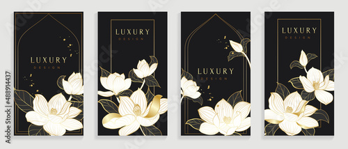 Luxury magnolia hand drawn pattern on cover design template. Dark background with white magnolias and leaves design in gold line art. For social media post, internet, packaging, covers, and prints. photo