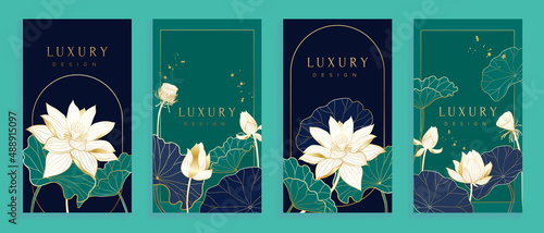 Luxury lotus hand drawn pattern on cover design template. Golden banner with white lotus, blooms and leaves design in gold line art. For social media post, internet, packaging, covers, and prints.