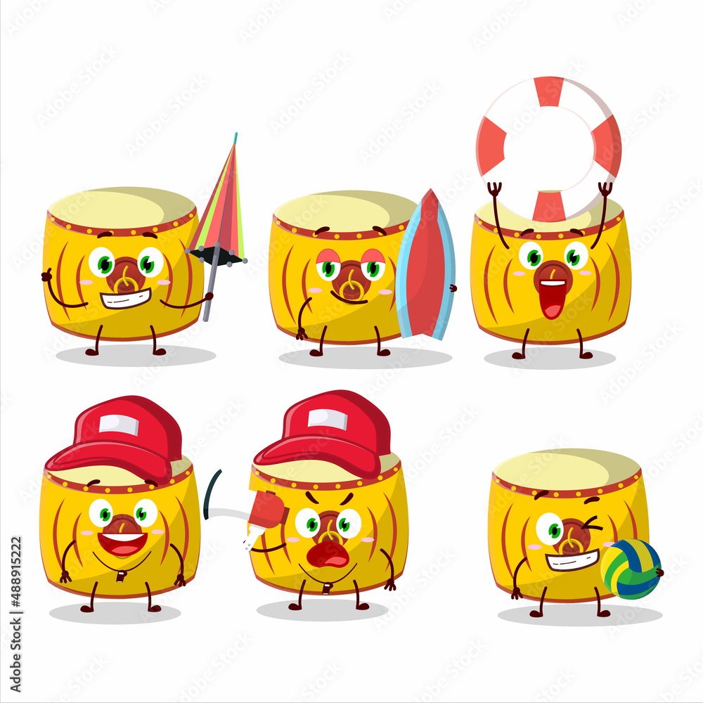 Happy Face yellow chinese drum cartoon character playing on a beach