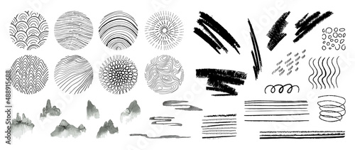 Set of abstract hand drawn patterns and organic line in circle. Elements of watercolor brush, curved and wavy line, scribble and brush stroke. Collection for product design, marketing, ads and decor.