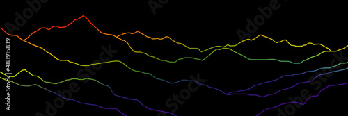 Colored curved lines on a black background, imitation of mountain ranges. Vector design, minimalism.