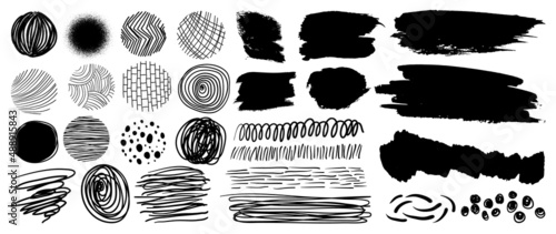 Set of abstract hand drawn patterns and organic line in circle. Elements of watercolor brush, curved and wavy line, scribble and brush stroke. Collection for product design, marketing, ads and decor.
