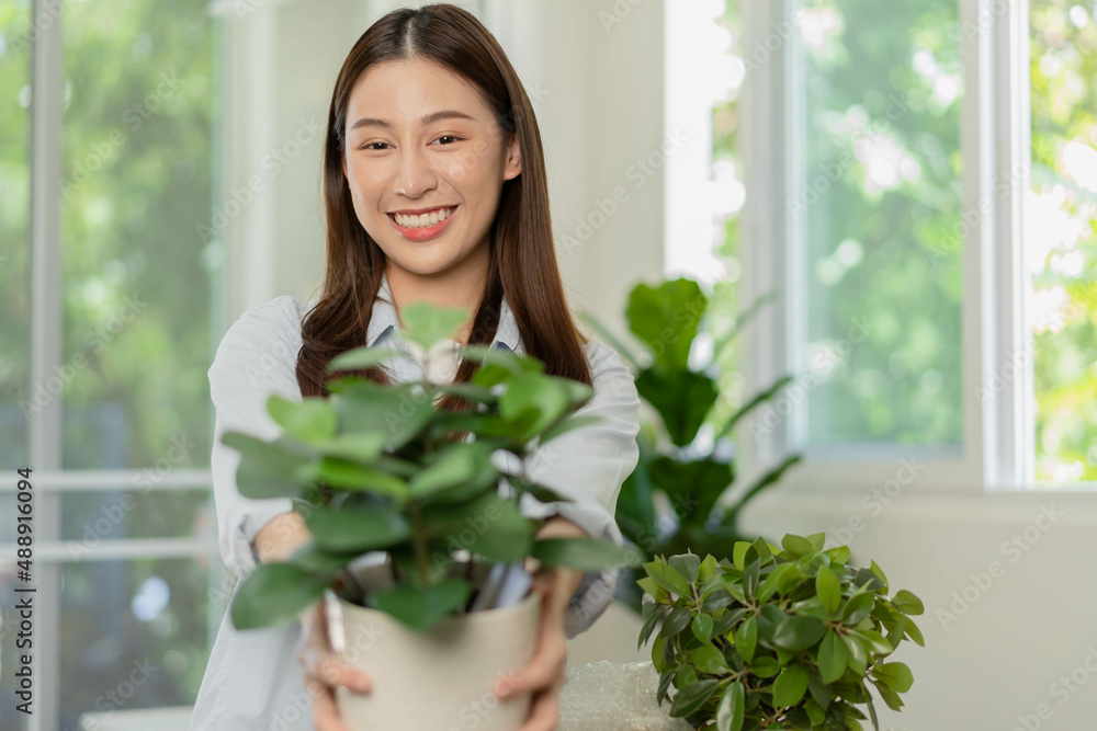 Happy asian young woman, customer received, unpack package carton open parcel in cardboard box, holding ceramic plant pot. Moving, preparing in new house, relocation. Online shop delivery at home. Happy asian young woman, customer received, unpack package carton open parcel in cardboard box, holding ceramic plant pot. Moving, preparing in new house, relocation. Online shop delivery at home.