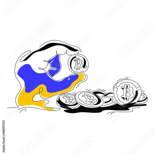 Crypto Coin Flat Illustration Metaverse Virtual Reality concept, color dark blue, yellow, black, hand drawn line style, can be used for landing page, web, UI, banner, web development