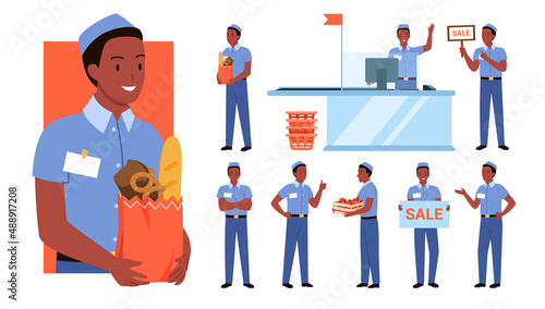 Set of african american guy seller in diverse working poses. Cheerful shopping store cashier, advertising sale promotion manager, customer serving assistant flat vector illustration