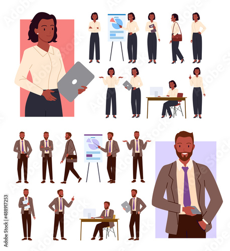 Businesswoman poses set, girl manager standing with laptop, young office worker pointing. Businessman poses set, office worker character showing business presentation on lecture