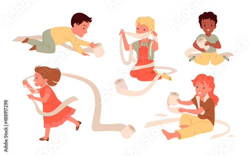 Set of little funny children playing with toilet roll paper. Exploring and discovering game, creeping and crawling kids, having fun and make a mess flat vector illustration