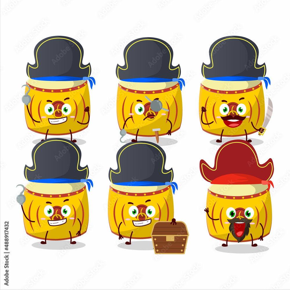 Cartoon character of yellow chinese drum with various pirates emoticons Cartoon character of yellow chinese drum with various pirates emoticons