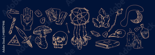 Magic alchemist symbols set vector illustration. Spiritual objects and gothic tattoo on chalkboard, hand drawing occult scary tools, magnificent amulets of witch and candles on dark blue background