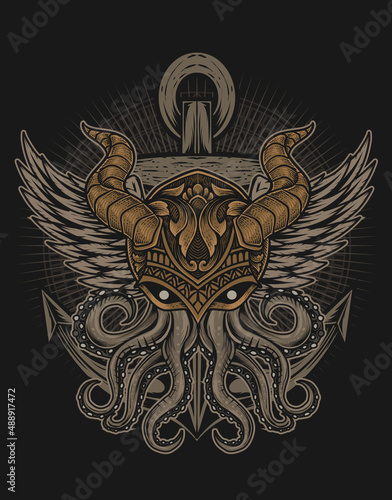 illustration vintage octopus for marine logo
