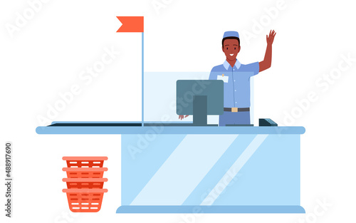 Supermarket cashier or grocery store employee working at checkout vector illustration. Cartoon cash register worker in blue uniform standing at counter, waiting for people clients isolated on white