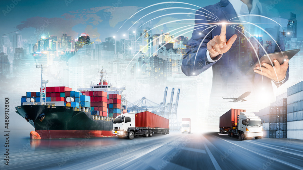 Businessman touching virtual screen world map of Global logistics network  distribution, Container cargo freight ship at industrial port for logistics  Import export background, Smart technology concept Photos | Adobe Stock