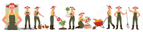 Cute female farmer working in farm garden set vector illustration. Cartoon young woman feeding chicken, girl watering plant, standing with pitchfork isolated on white. Agriculture, job concept