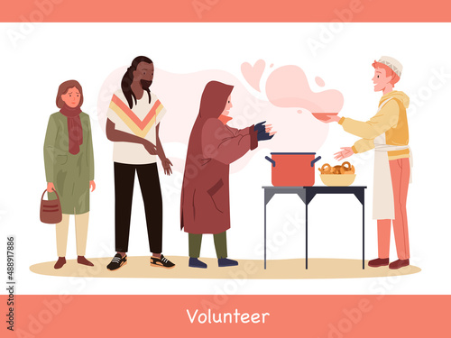 Help and donation food for homeless poor people. Volunteers give soup to starving beggars characters in city shelter flat vector illustration. Voluntary altruistic charity, humanitarian aid concept