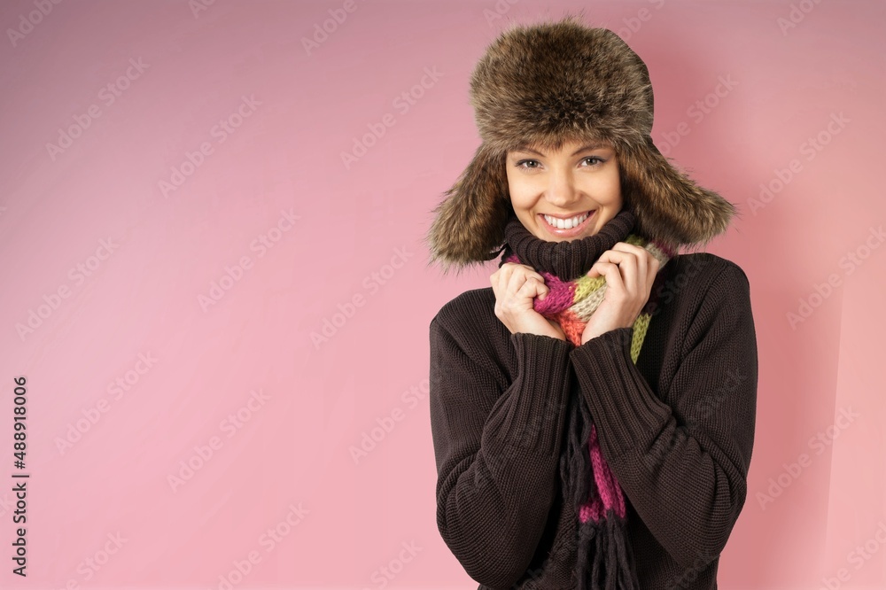Shocked surprised amazed young woman have fun enjoy warm clothes