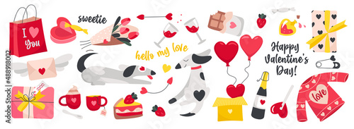 Happy Valentines Day set with handwriting greeting phrases vector illustration. Cartoon stickers with cute dog, gift and hearts, chocolate cake with coffee isolated on white. Love, decoration concept