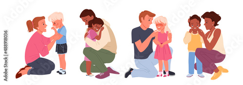 Set of worried parents calming down crying children. Parenthood care and childhood problems, kid supporting moment and emotional comforting help cartoon vector illustration