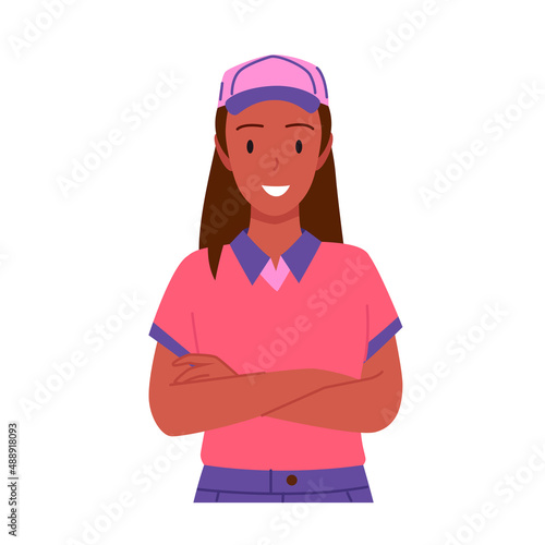 Supermarket female worker standing vector illustration. Cartoon friendly saleswoman working in retail grocery store, employee storekeeper in uniform and hat greeting customers isolated on white