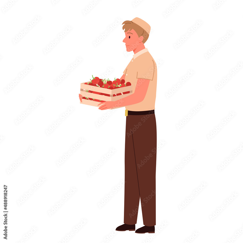 Salesman holding wooden box with vegetables vector illustration. Cartoon young supermarket or grocery store worker selling fresh healthy organic veggie products in container isolated on white Salesman holding wooden box with vegetables vector illustration. Cartoon young supermarket or grocery store worker selling fresh healthy organic veggie products in container isolated on white