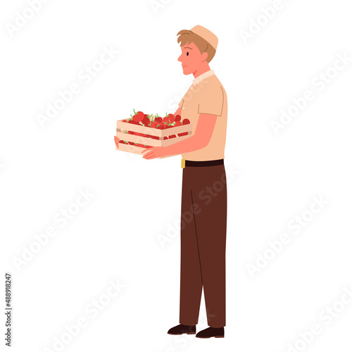 Salesman holding wooden box with vegetables vector illustration. Cartoon young supermarket or grocery store worker selling fresh healthy organic veggie products in container isolated on white
