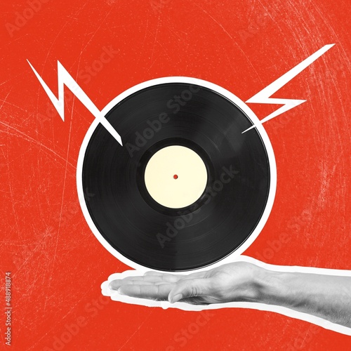 Timelsess music. Composition with retro vinyl record on bright background. photo
