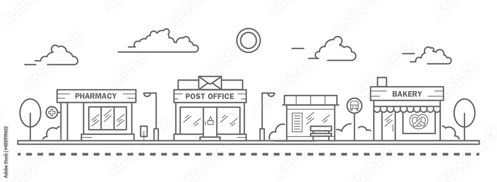 City skyline in line art style. Landscape with row houses of bakery, pharmacy, bus stop and post office. Street horizontal panorama. Vector illustration