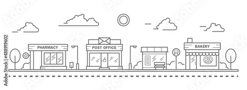 City skyline in line art style. Landscape with row houses of bakery, pharmacy, bus stop and post office. Street horizontal panorama. Vector illustration