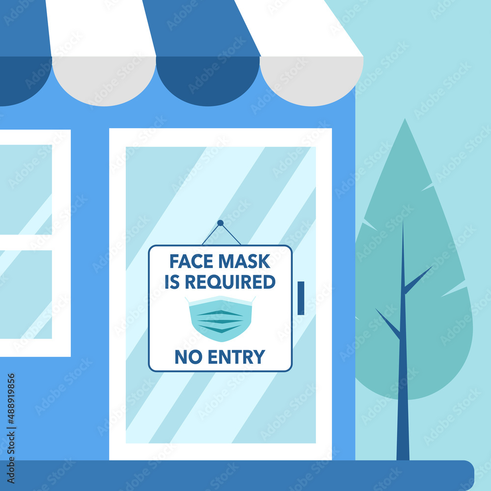 No entry without face mask sign on shopping store front door in flat design vector illustration. No entry without face mask sign on shopping store front door in flat design vector illustration.