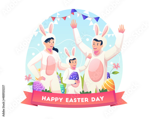 The family wearing costumes dressed up as bunnies to celebrate Easter day. Flat style vector illustration