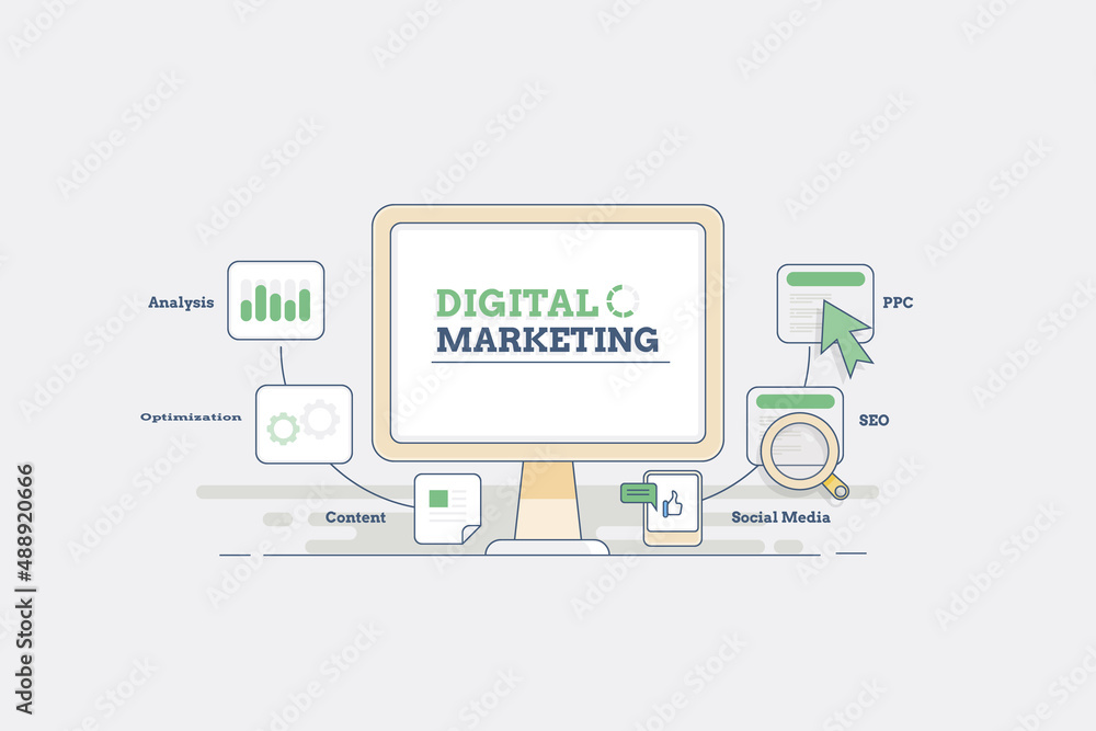 Digital marketing infographic concept filled outline flat design web banner template, explains online business strategy SEO, social media, content, data analysis process illustration. Digital marketing infographic concept filled outline flat design web banner template, explains online business strategy SEO, social media, content, data analysis process illustration.