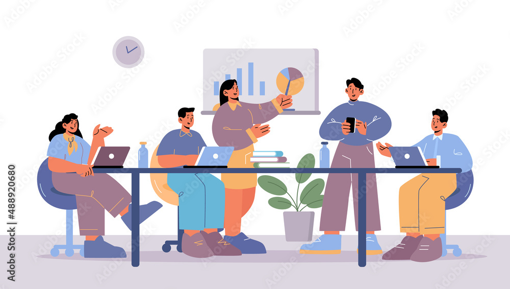 Business meeting in office conference room. People work in team in boardroom. Vector flat illustration of teamwork, communication in company, executives and managers training Business meeting in office conference room. People work in team in boardroom. Vector flat illustration of teamwork, communication in company, executives and managers training